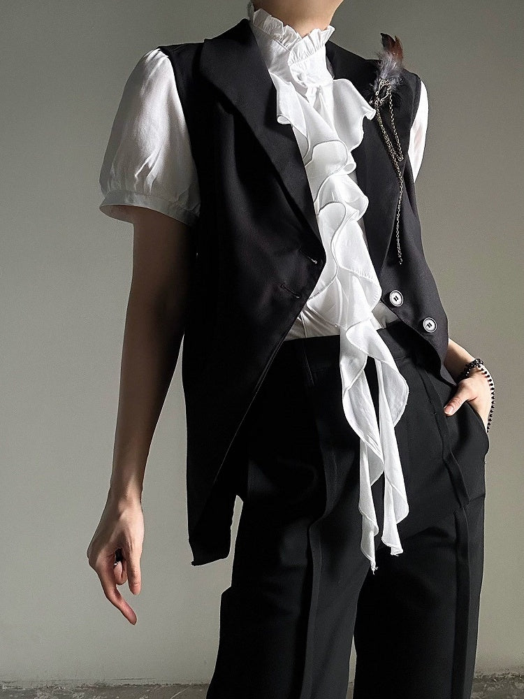 Princely Feather Brooch Notched Black Collar Set Waistcoat Style -