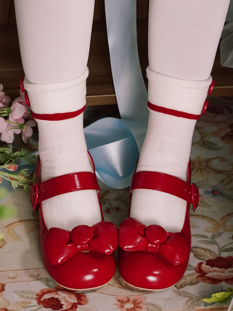 PU Janes Toe Mary Top Lolita Heart Bow - at Buckle Round Red