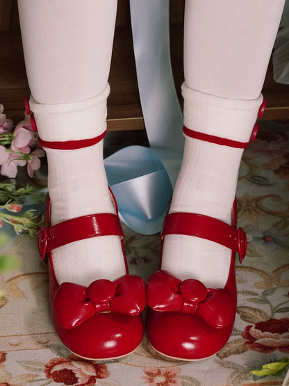 PU Janes Toe Mary Top Lolita Heart Bow - at Buckle Round Red
