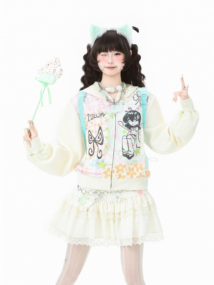 Girl Cartoon Zip-Up Patchwork Print Plaid with Blue/Beige Hoodie Winged
