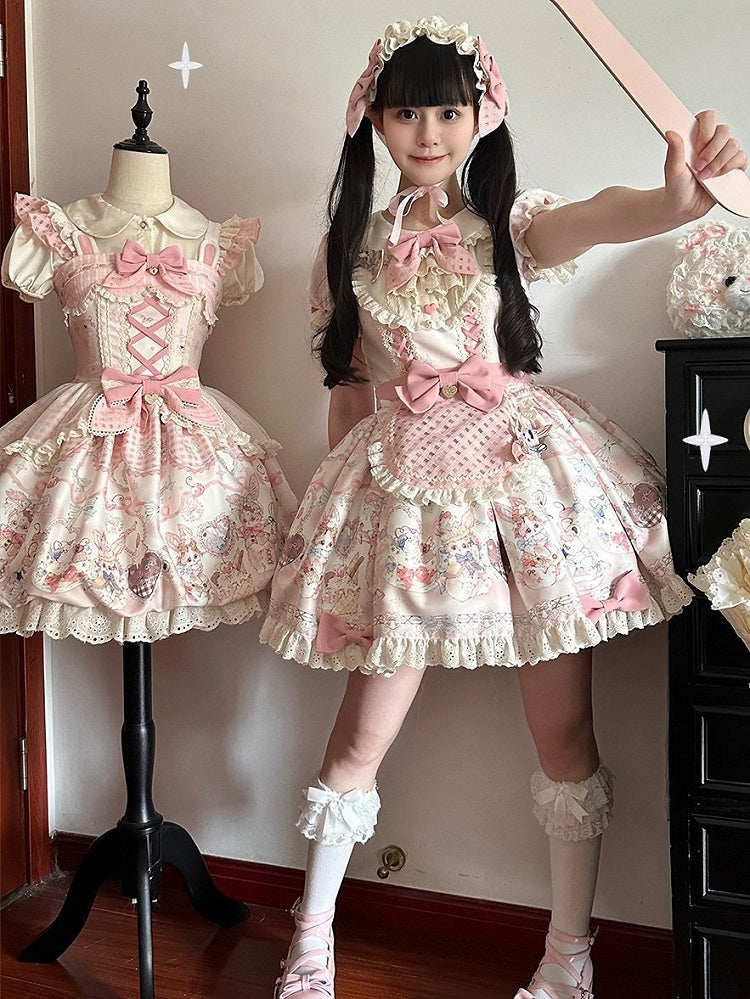Puff Sleeve OP Dress with Pink Bunny Cake Print & Apron Style - Rose Weaving Poetry