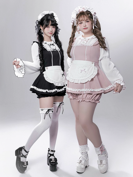 - Baggy Top Jirai Kei Maid-Inspired Black/Pink Three-Piece Set Sleeve