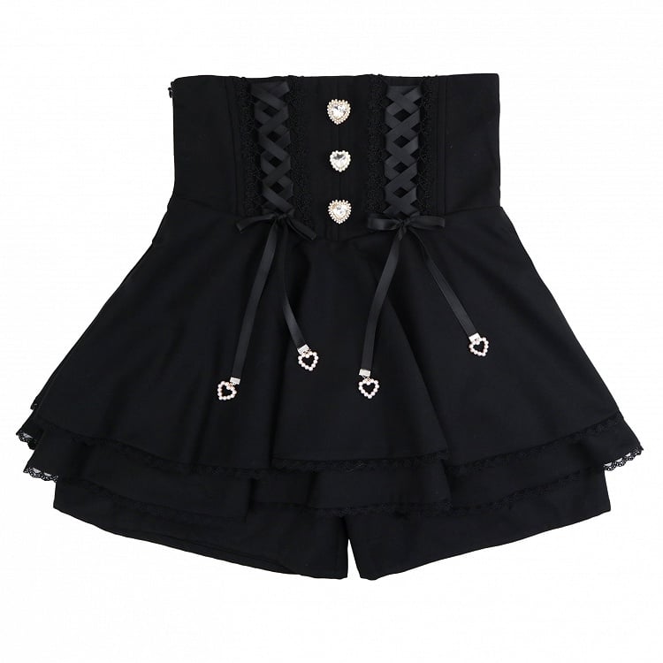 Jirai Kei Black Lace-up High Waist Skort with Heart Rhinestones