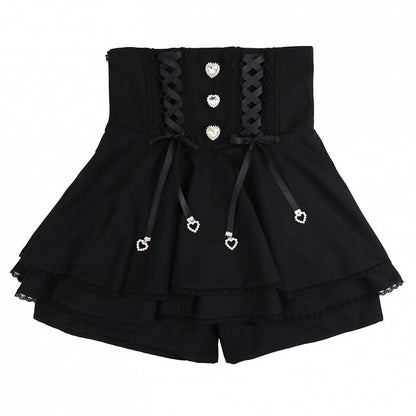 Jirai Kei – Schwarzer Skort mit hoher Taille und Schnürung und Herz-Strasssteinen