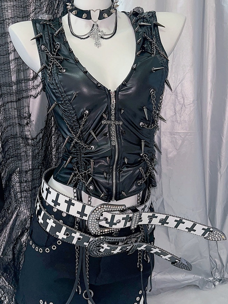 Rhinestone Decorated Beaded And Punk White/Black Print Cross