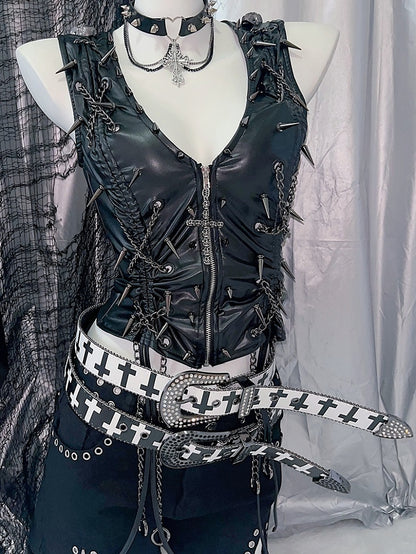 Rhinestone Decorated Beaded And Punk White/Black Print Cross