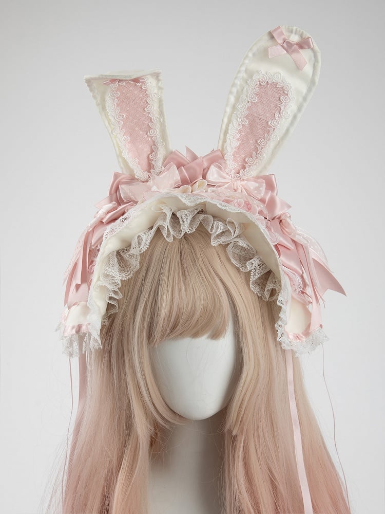 Pastel Wide Pink with Removable Lace Ruffled Ears Bunny Hairband Bows