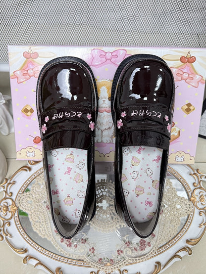 PU Dark Brown Academic Style Slip-On Shoes - Low/Mid Heel with Cherry Blossom & Kanji Embroidery