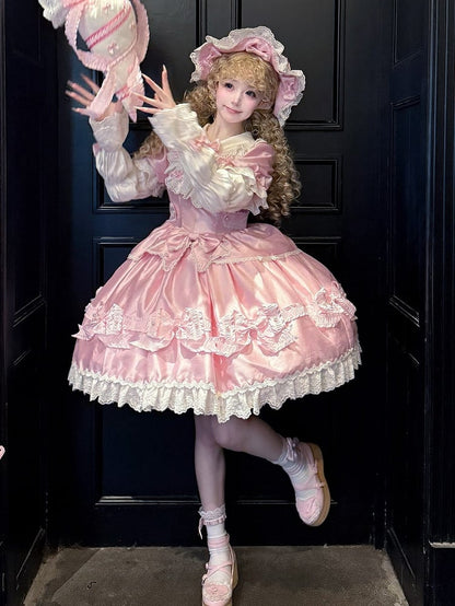 Trimmed Pink White and Bow Sweet Lace Bead Details with Dress Lolita