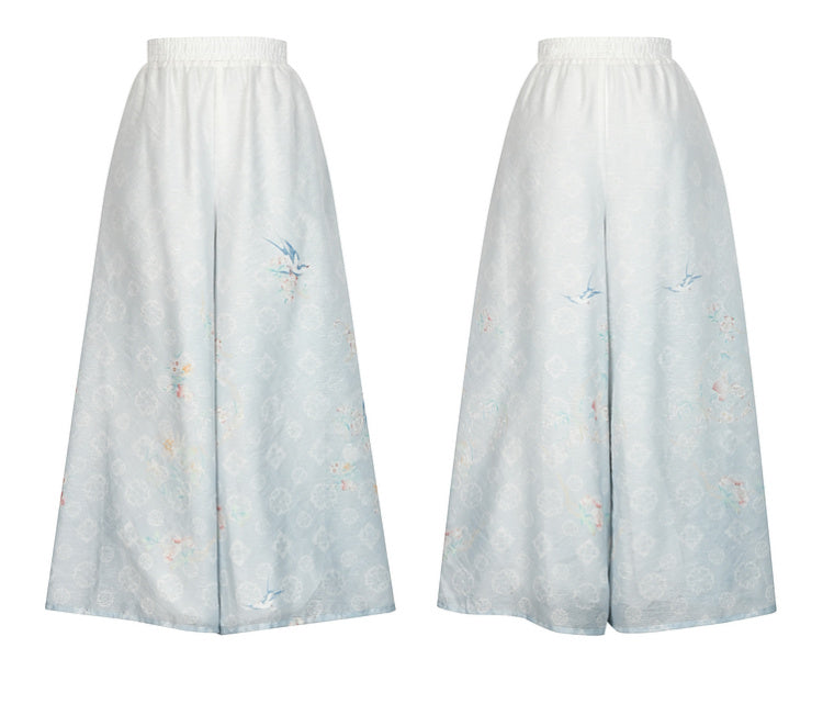 Farbverlaufshose Chiffon Blumendruck Bein Weit Blau