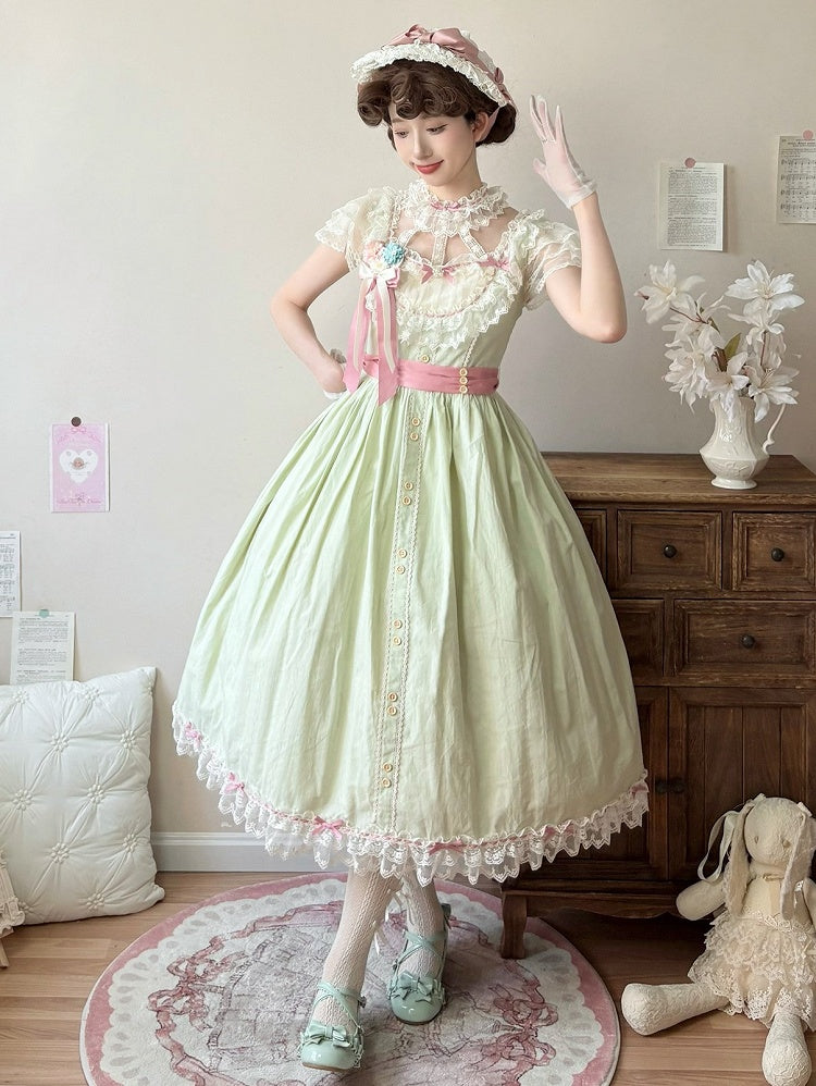 Bow Elegant Lolita Light Green Details Lace with Long and Classic Dress Version