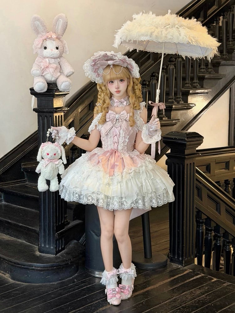 Pink Ballet Style Lace Ruffle Lolita JSK Dress with Bead Chain Bow and Back Bow Set - White Sugar Girl