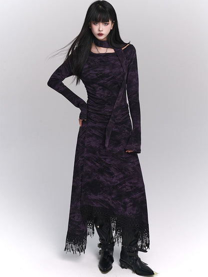 Wasteland Punk Purple Asymmetrical Tassel Hem Side-Slit  Dress