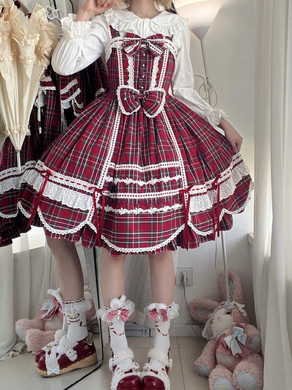 mit Akzenten Rock gewellter Pullover süß kariert Lolita Schleife Rand roter Besatz