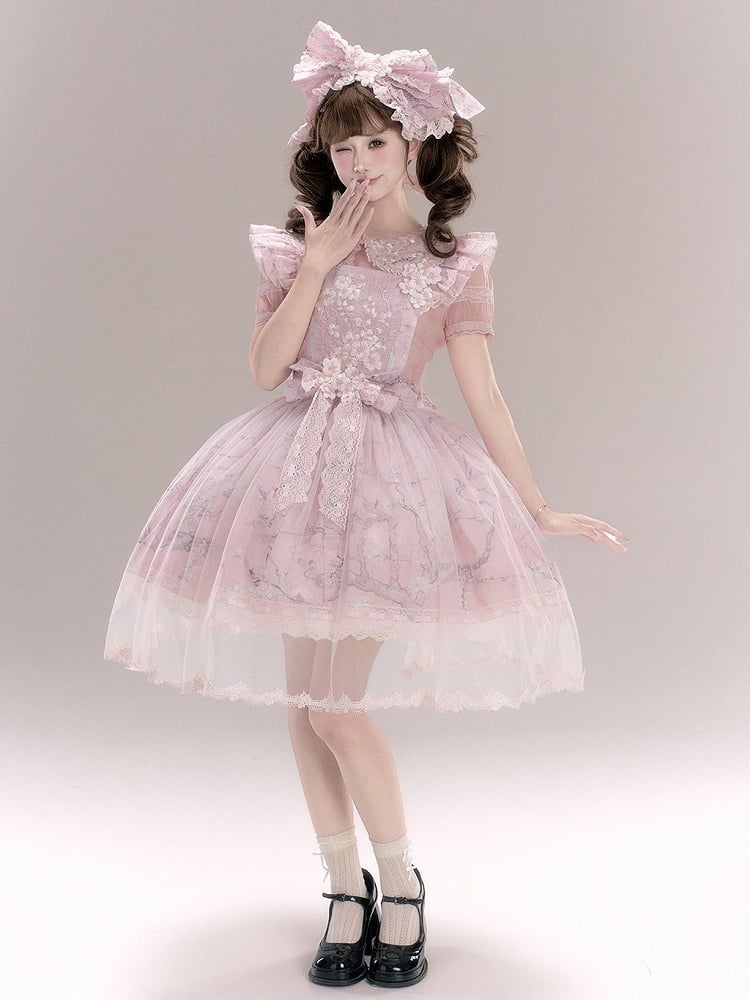 Pink Flutter Sleeve Floral Embroidery Lolita Overlay Dress with Bow and Lace - Yimu Walnut