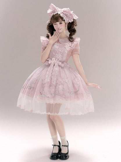 Pink Flutter Sleeve Floral Embroidery Lolita Overlay Dress with Bow and Lace - Yimu Walnut