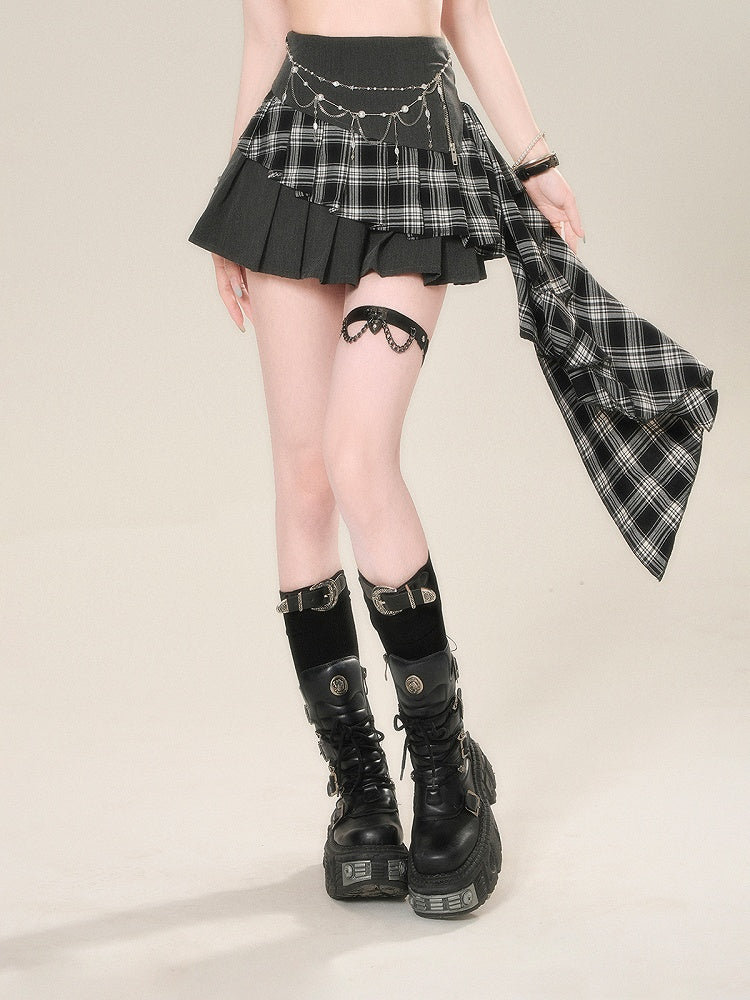 アシンメトリーヘムの華やかなダークグレーのチェック柄パッチワークデザインプリーツスカート