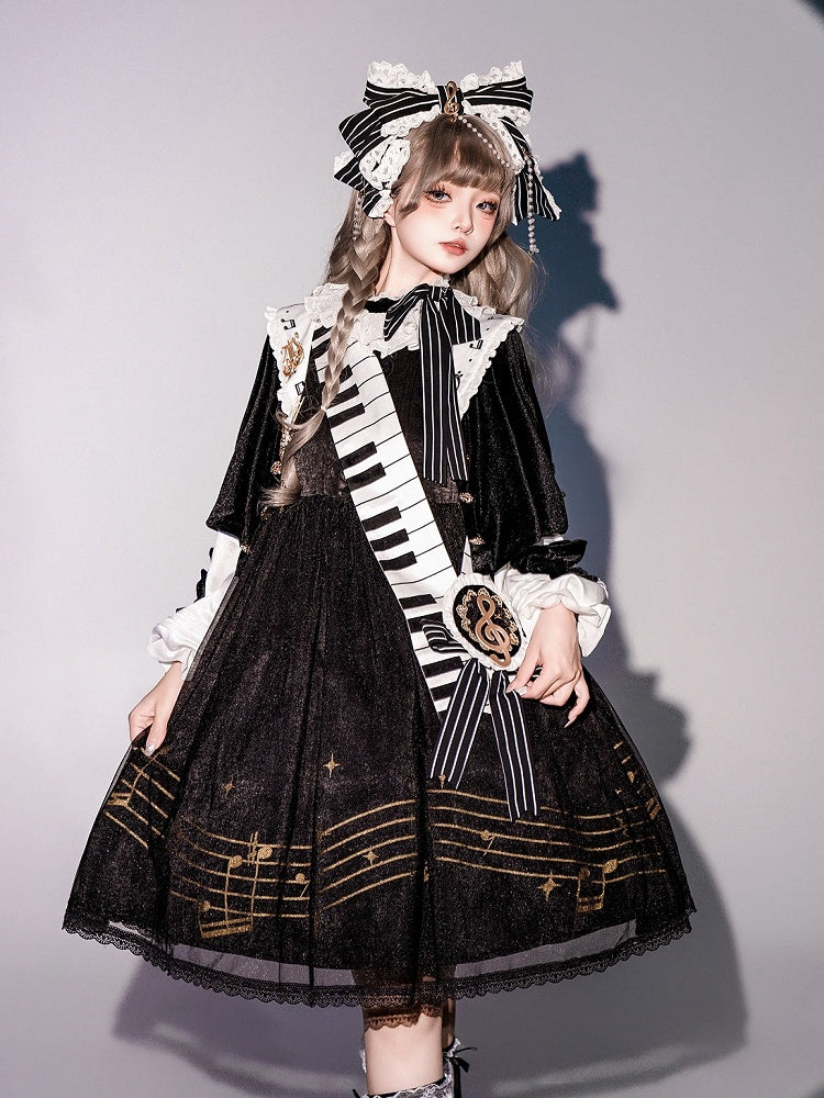 Musical Note Print Black and White Long Sleeves Lolita OP Full Set