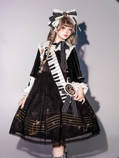 Musical Note Print Black and White Long Sleeves Lolita OP Full Set