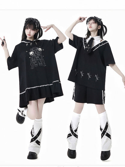 カラーピンクロスプリントTシャツ（ブラックシャツと合わせてネクタイ不要）