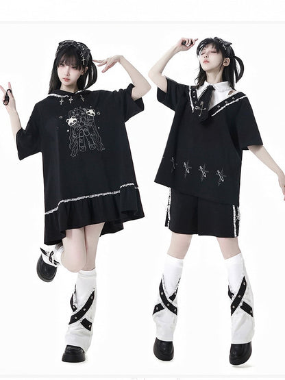 Weiße Beinwärmer, schwarzes Criss-Cross-Design