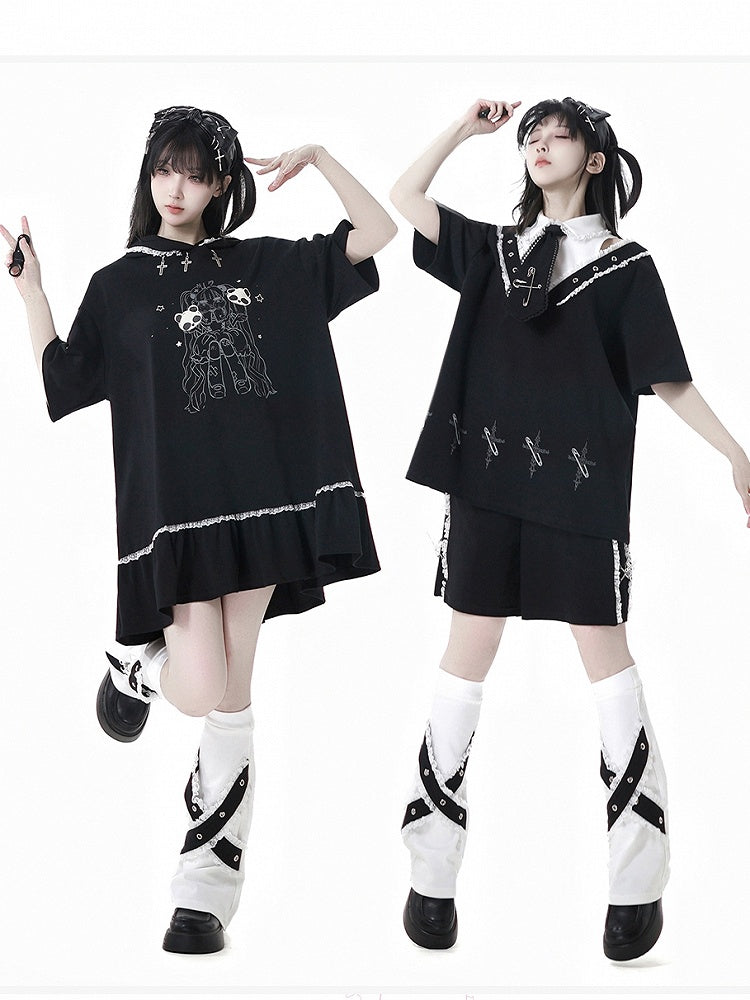 Free Print Cross with Tie Black T-Shirt Pin Shirt Collar