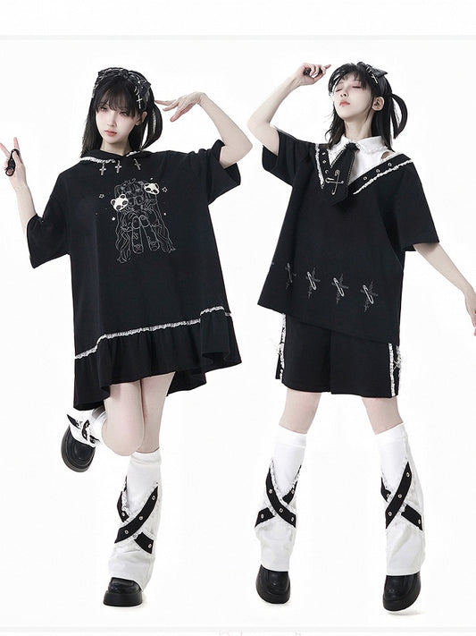 Free Print Cross with Tie Black T-Shirt Pin Shirt Collar