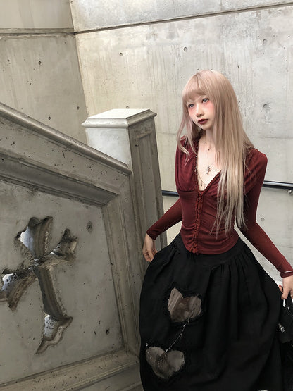 Cross Red Detachable Top V-Neck Rust Details with Necklace and Sleeve Vintage-Inspired Long Lace Hook