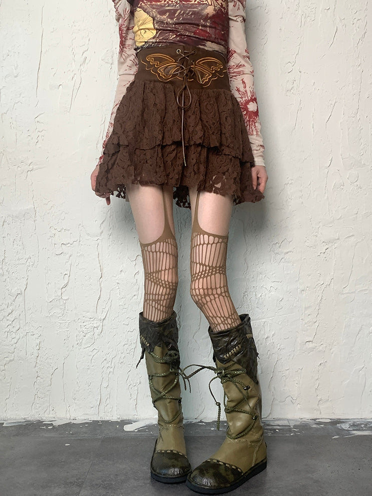 Design Hollow-out Wasteland Suspender Brown/Black/Gray/White/Red Stockings Punk