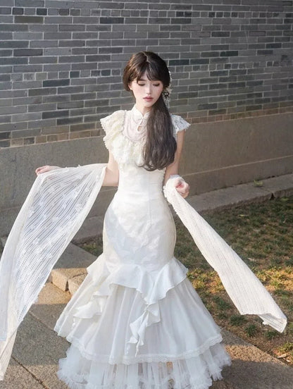 Set Lolita Qi Jacquard Illusion Full Collar Mermaid Qipao Neckline Dress Butterfly