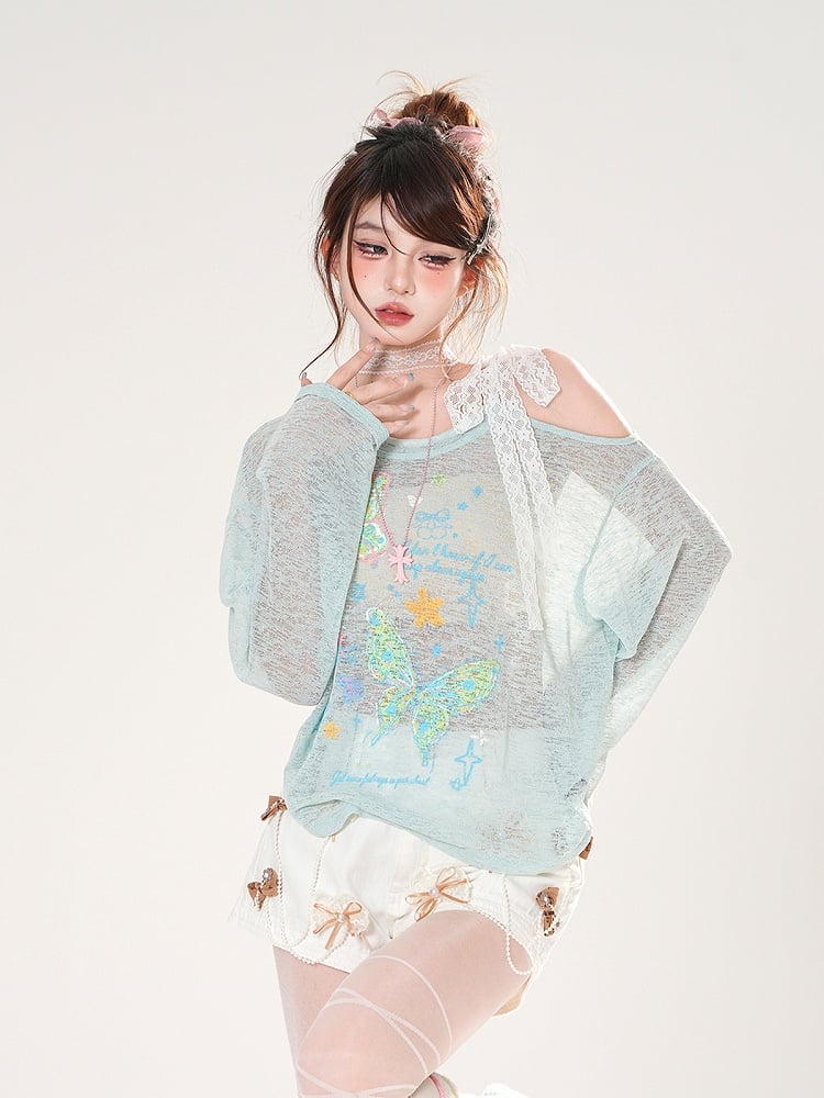 Asymmetrical Neckline Butterfly Print Apricot/Green