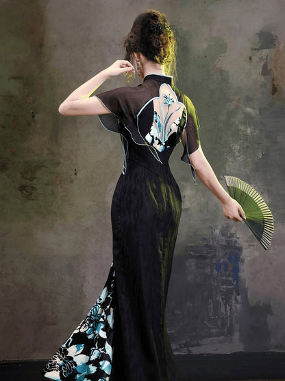 Cheongsam Style Side Slit Gown with Dark Floral Embroidery Back & Flutter Sleeves - sijinstudio