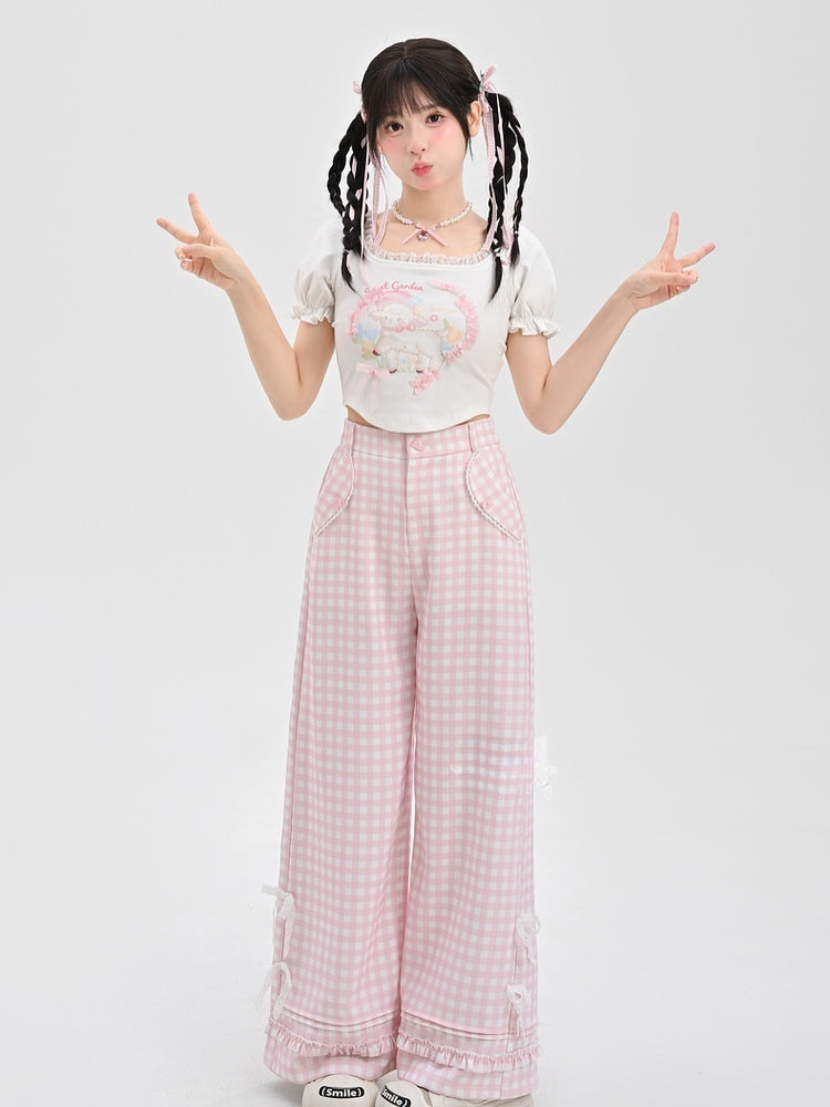 ピンクチェック柄ハイウエストレースリボンワイドレッグパンツ（レギュラー/ショート）