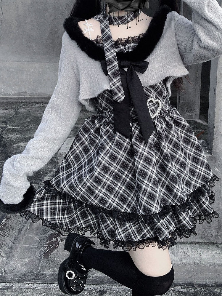Plaid Heart Jirai Gray Two-Piece - with Crop Fuzzy Belt Trim Cami Top Kei Dress Set Buckle