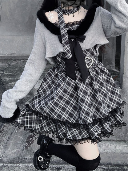 Plaid Heart Jirai Gray Two-Piece - with Crop Fuzzy Belt Trim Cami Top Kei Dress Set Buckle