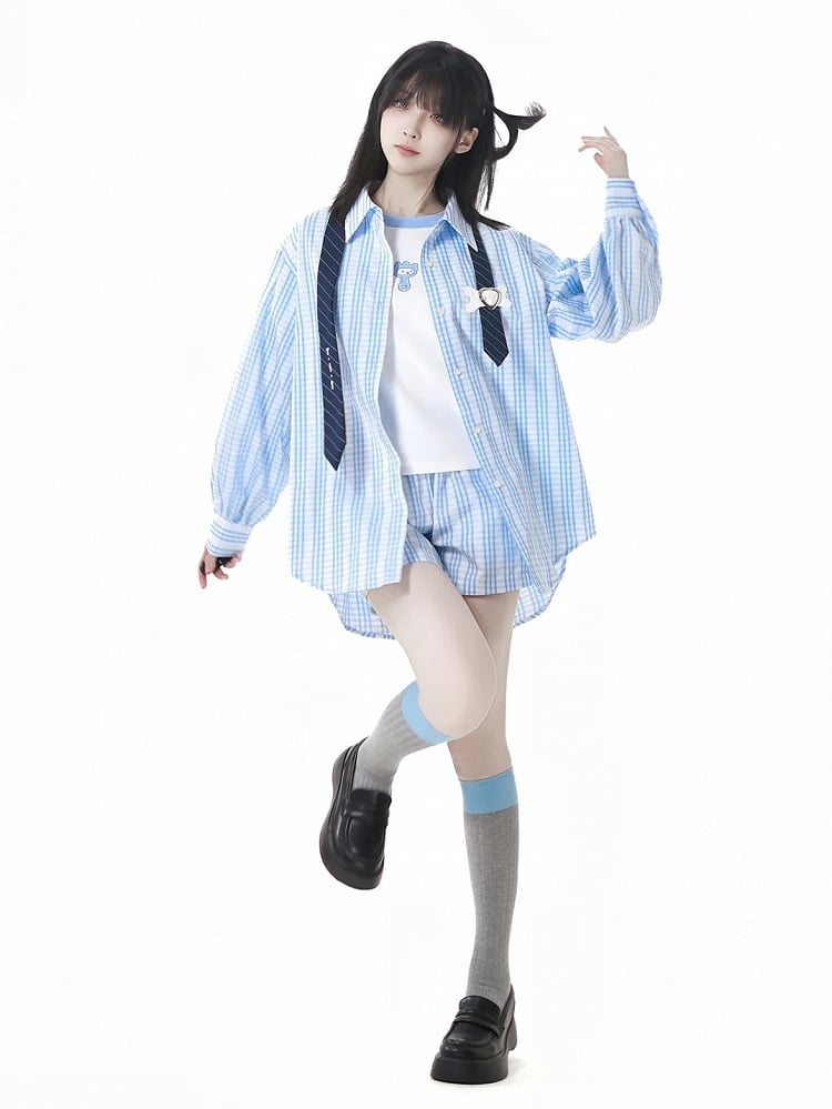 Round Neck Cute Cartoon Print T-Shirt Contrast Trim White Blue