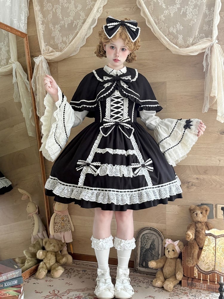 Black Lolita Cape with White Lace Trim