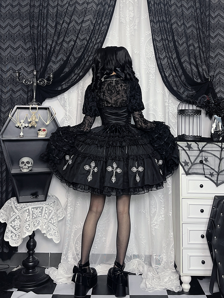 Kuro Black Cross Print Lace Trim Gothic Lolita Puffy Dress Jumper Skirt
