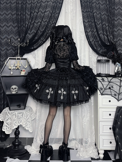 Kuro Black Cross Print Lace Trim Gothic Lolita Puffy Dress Jumper Skirt