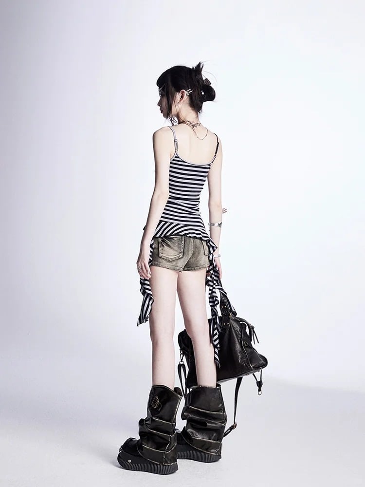 Glamorous Denim Shorts Taille Kreuz Nieten Distressed Schwarz Niedrig