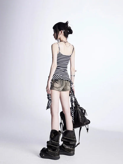 Glamorous Denim Shorts Taille Kreuz Nieten Distressed Schwarz Niedrig