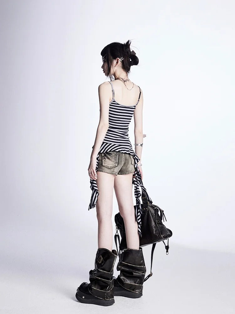 Vintage Black  Grey Stripes Cascading Ruffle Accents Cami Top