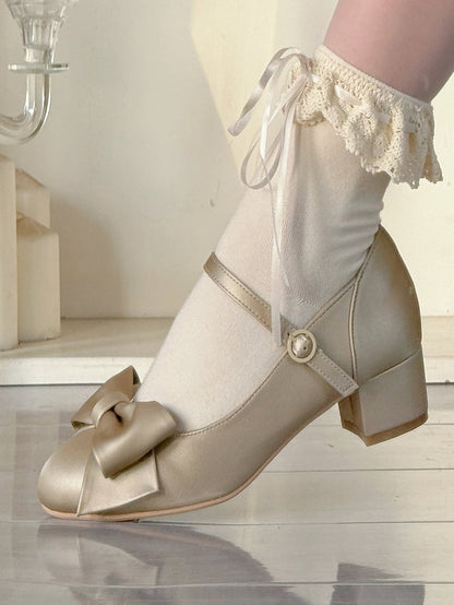 Golden Elegant Lolita Mary Janes - PU Leather with Bow at Top & Circular Snap Fastening