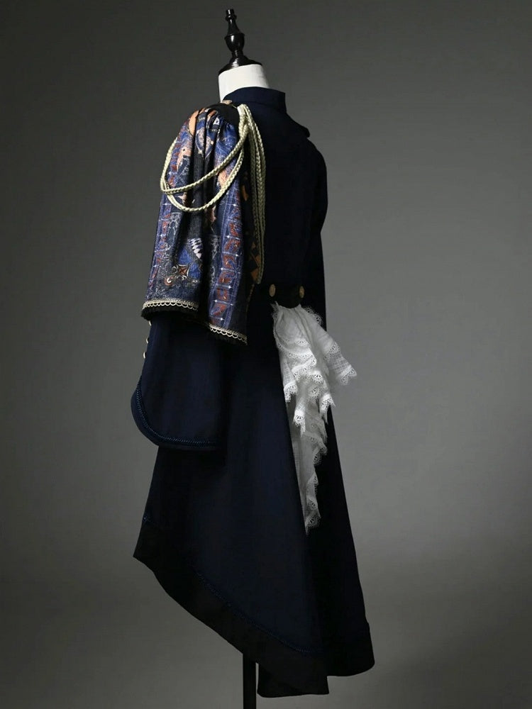 Dark Blue Detachable One-Shoulder Cape Coat