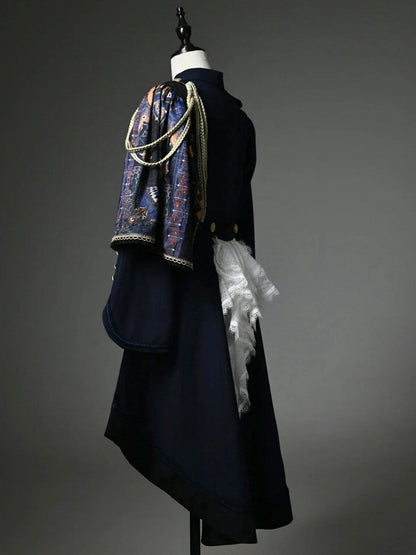Dark Blue Detachable One-Shoulder Cape Coat