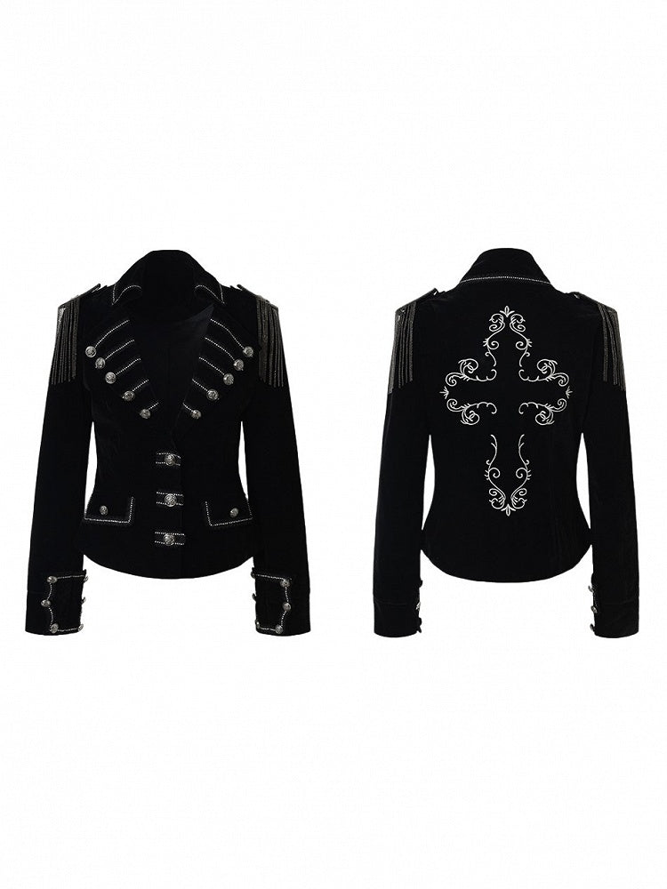 Lapel Multi-Row Embroidered Blazer Back Black with Cross Punk Fringe Epaulettes Shoulder Buttons Detachable
