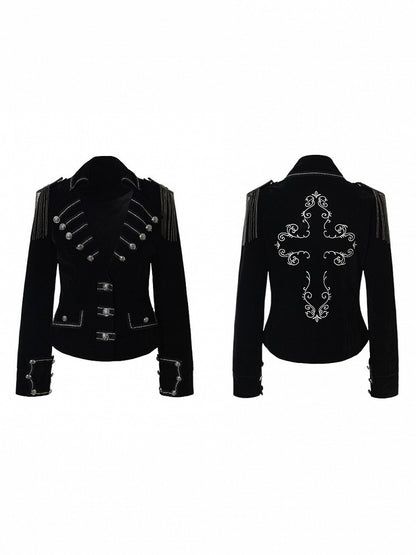 Lapel Multi-Row Embroidered Blazer Back Black with Cross Punk Fringe Epaulettes Shoulder Buttons Detachable