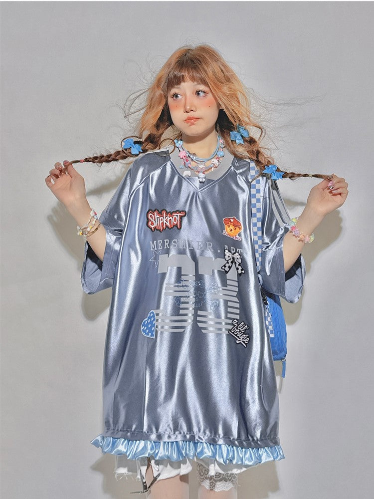 Print Number Long/Short Sleeve and Sports with V-Neck Top Cute Patchwork Blue