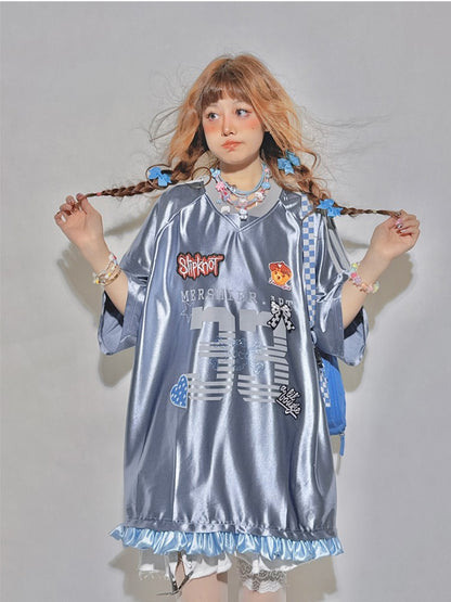 Print Number Long/Short Sleeve and Sports with V-Neck Top Cute Patchwork Blue