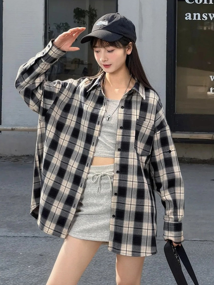 Button Plaid Blue Front Vintage Shirt Navy Placket
